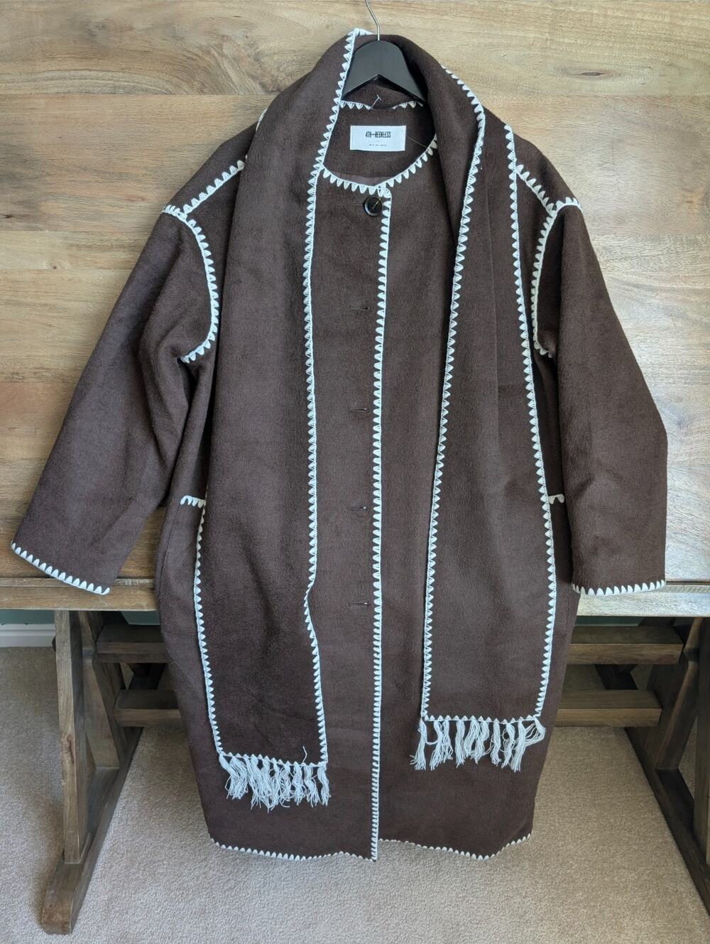 NWT 4th + Reckless Long Coat Women L Brown Wool Blend Blanket Stitch Fringe Trim